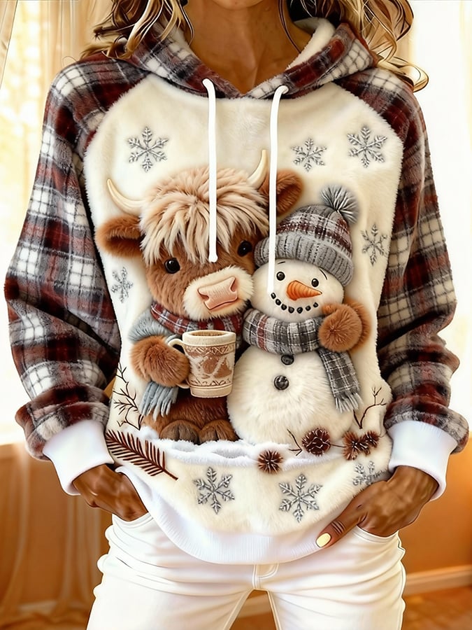 Women'S Cute Animal Highland Cow Print Flannel Raglan Sleeve Hooded Top
