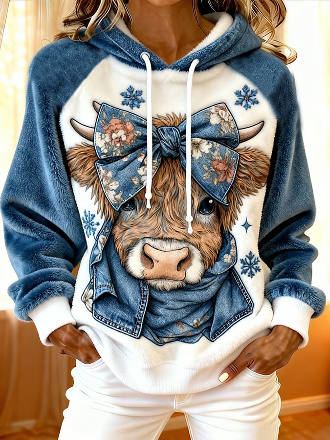 Women'S Highland Denim Print Flannel Raglan Sleeve Hooded Top