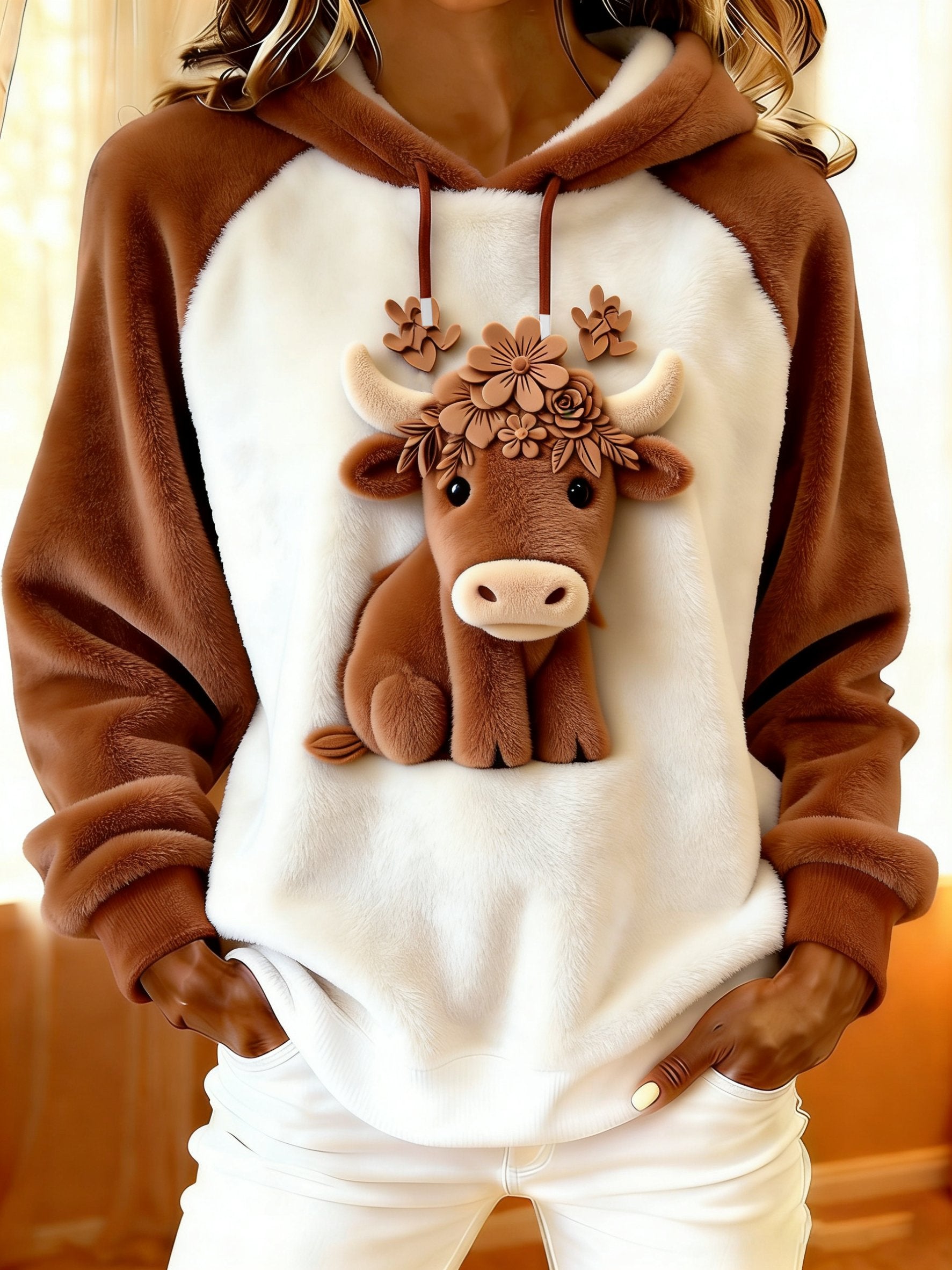 Women'S Highland Cow Print Flannel Raglan Sleeve Hooded