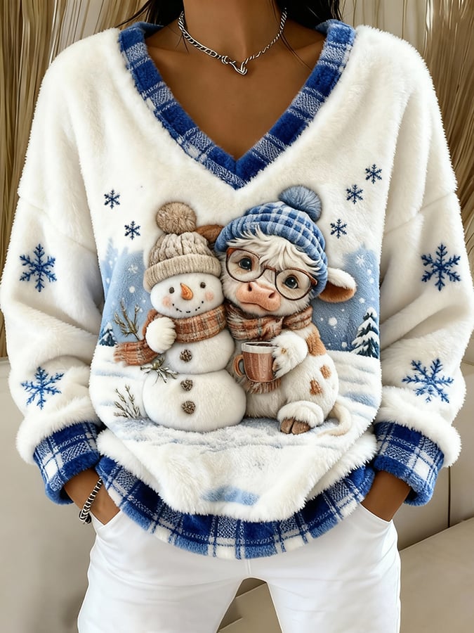 Women's Animal Highland Cow Print V-Neck Top