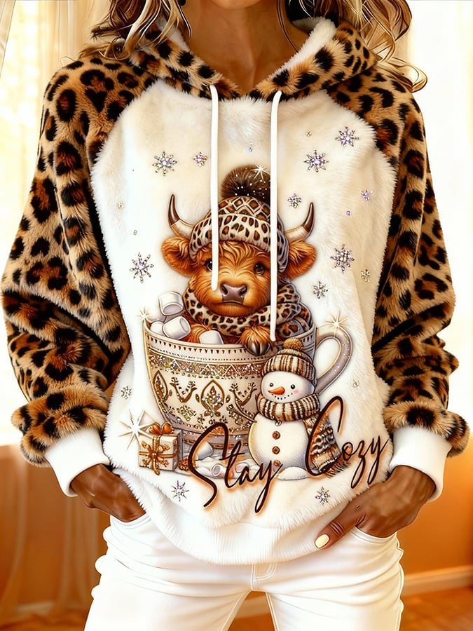 Women'S Cute Animal Highland Cow Print Flannel Raglan Sleeve Hooded Top