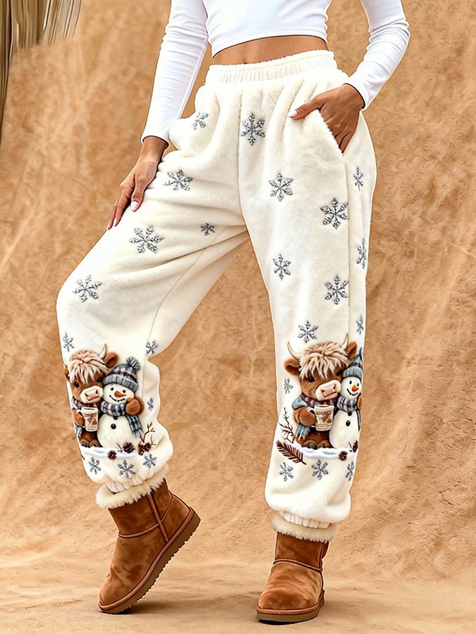 Women's Cute Animal Highland Cow Yeti Print Flannel Casual Pants
