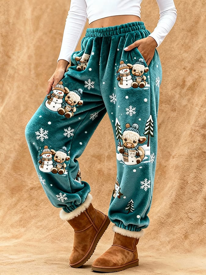 Women's Cute Animal Highland Cow Yeti Print Flannel Casual Pants