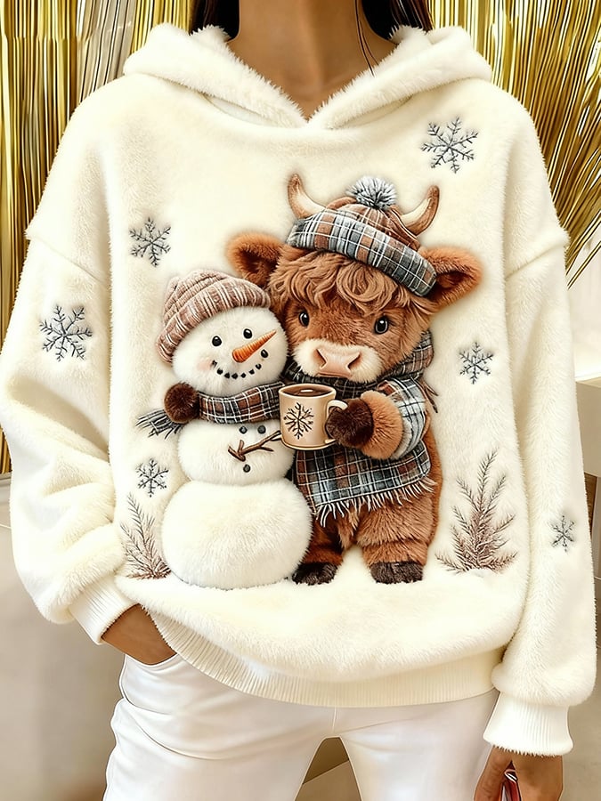 Women's Highland Cow Snowman Flannel Hooded Sweatshirt