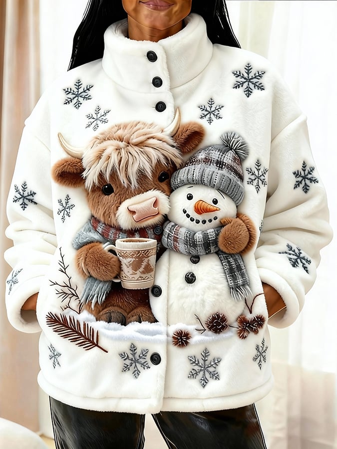 Women'S Cute Animal Highland Cow Art Flannel Print Coat
