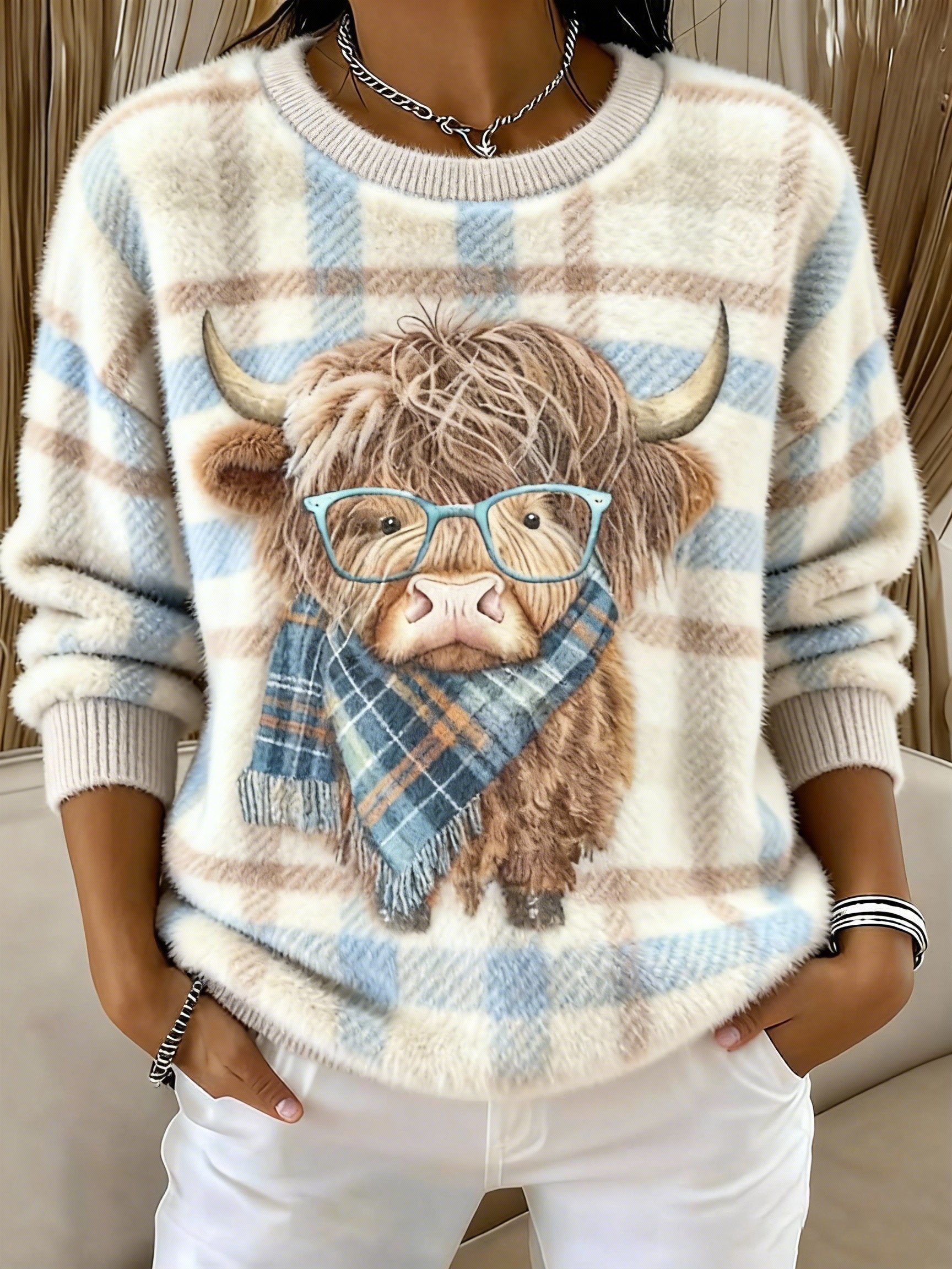 Women's Highland Cattle Print Flannel Sweatshirt