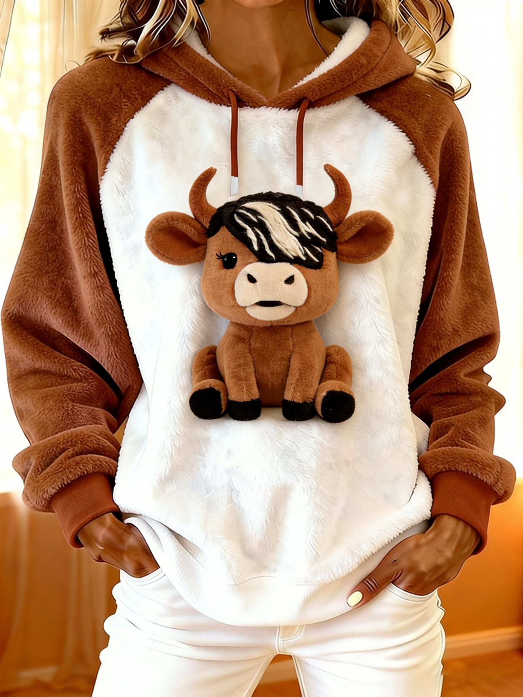 Women'S Highland Cow Print Flannel Raglan Sleeve Hooded