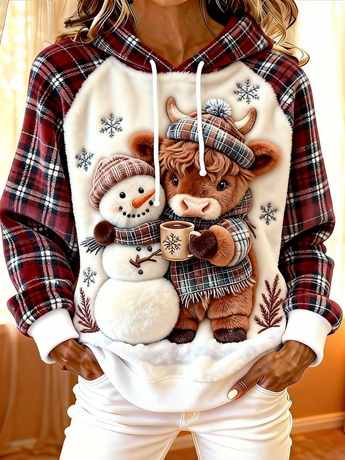 Women'S Cute Animal Highland Cow Print Flannel Raglan Sleeve Hooded Top