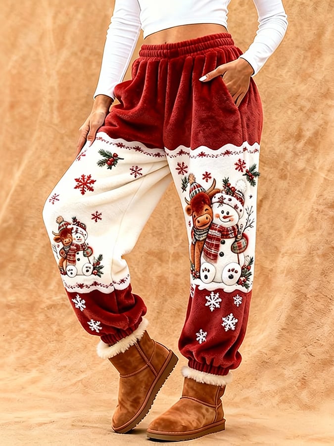 Women's Cute Animal Highland Cow Yeti Print Flannel Casual Pants