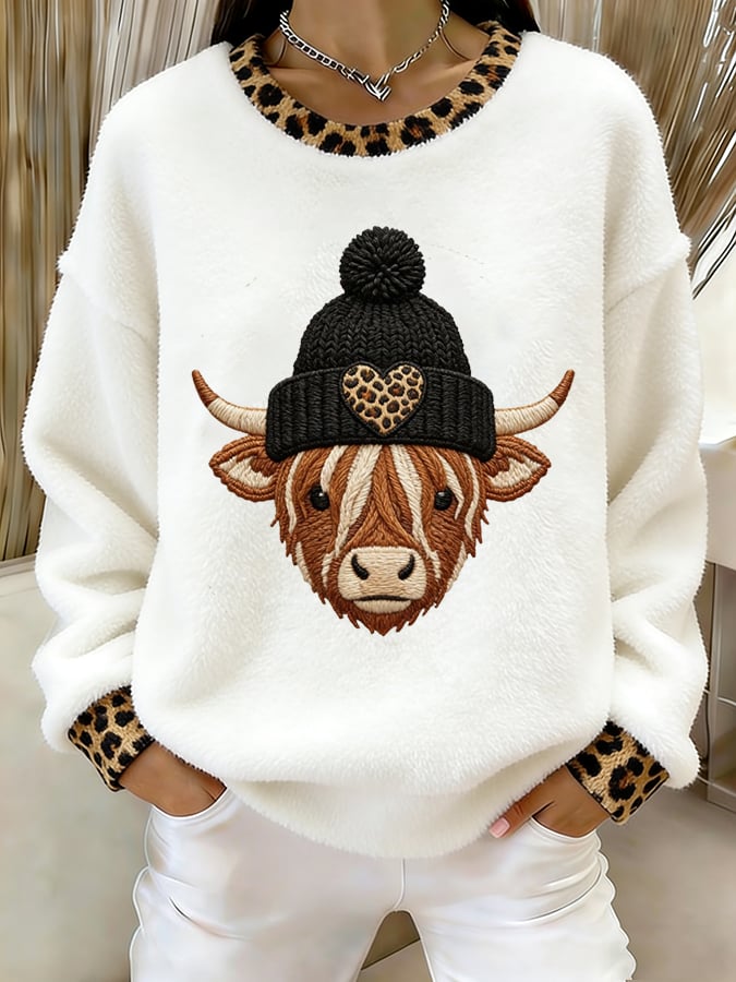 Women's Christmas Cute Highland Cow Print Casual Flannel Top