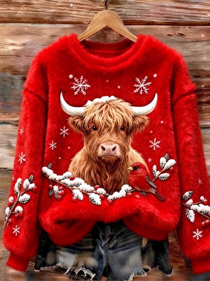 Women's Christmas Highland Denim Print Sweatshirt