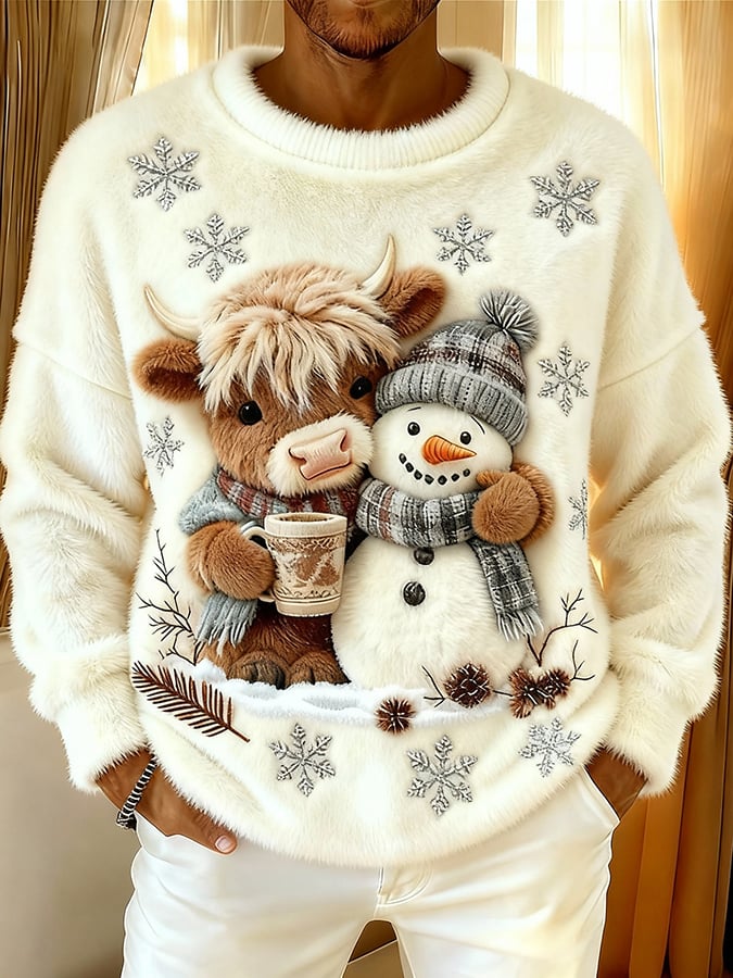 Men's Cute Animal Highland Cow Yeti Flannel Print Top