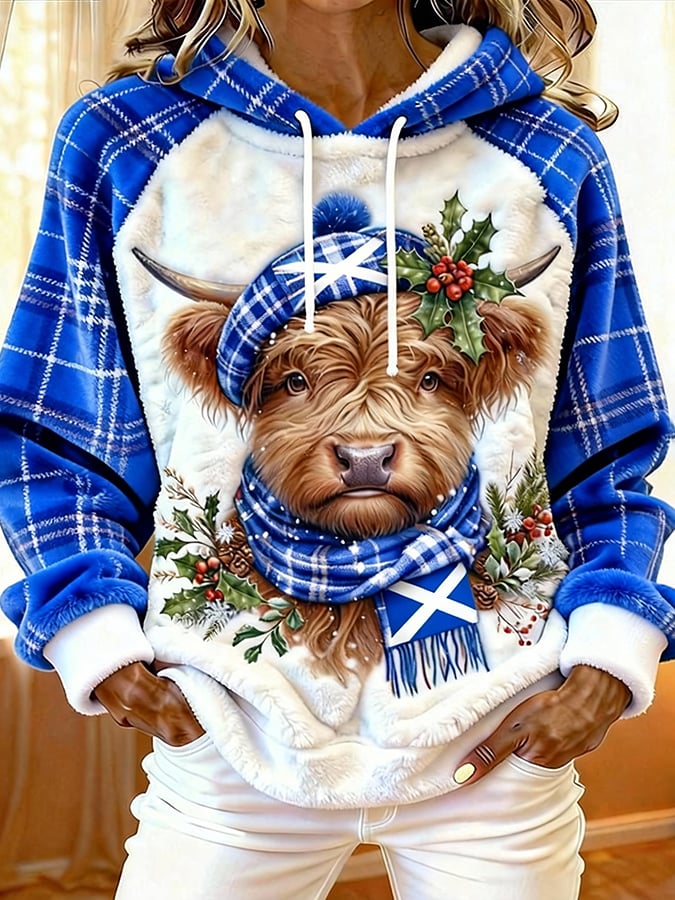 Women'S Scottish Highland Cow Print Flannel Raglan Sleeve Hooded Top