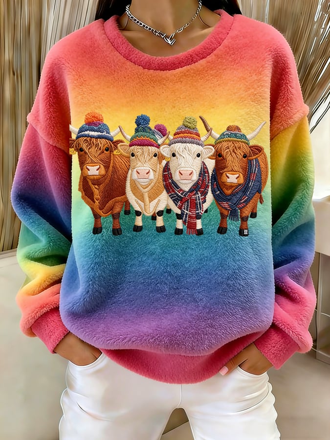 Women's Christmas Cute Highland Cow Print Casual Flannel Top