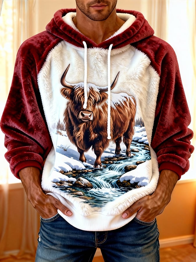 Men'S Highland Denim Print Flannel Raglan Sleeve Hooded Top