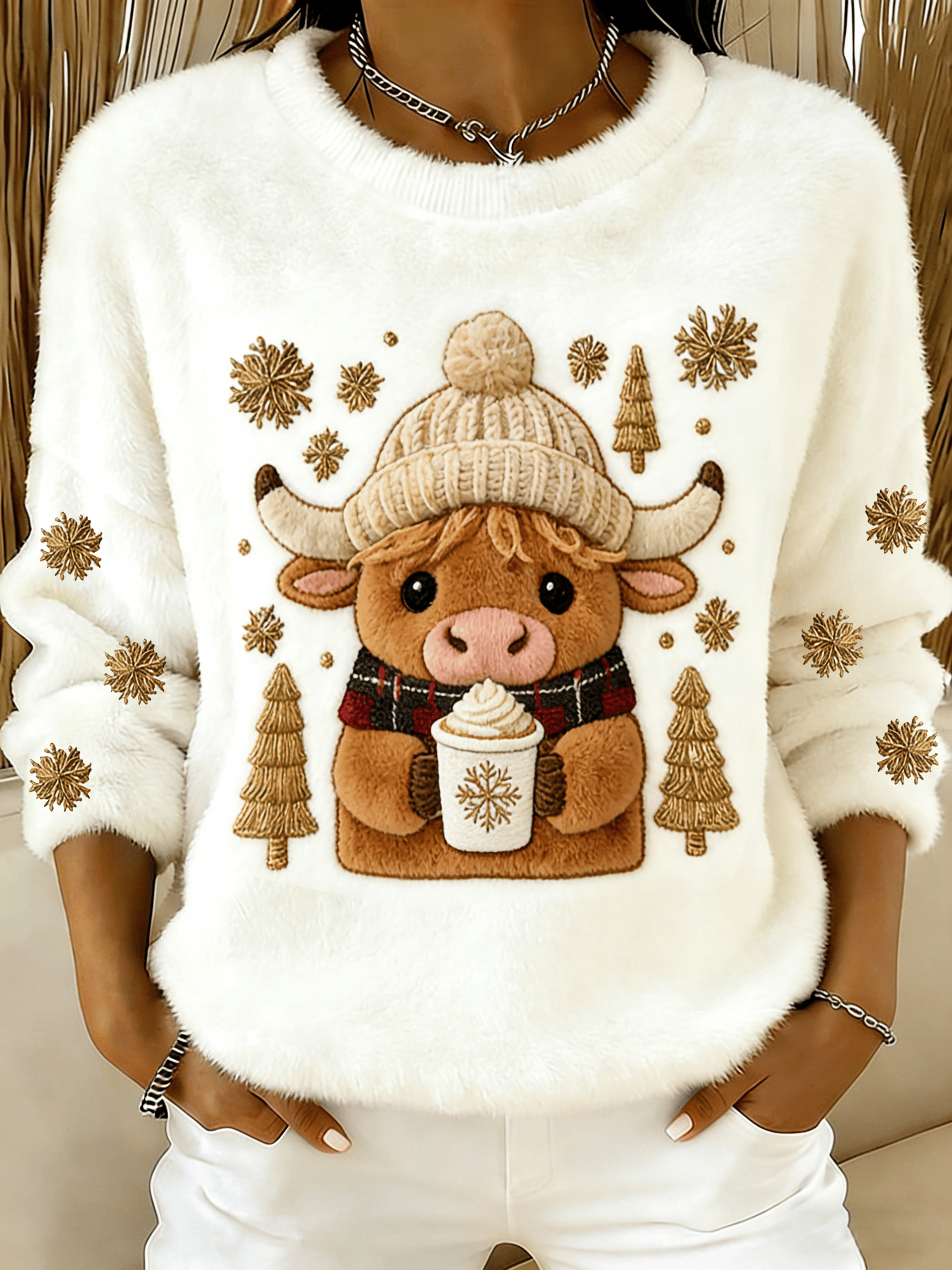 Women's Christmas Highland Bull Print Casual Flannel Top