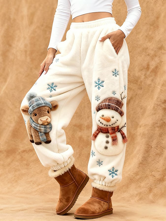 Women's Cute Animal Highland Cow Yeti Print Flannel Casual Pants