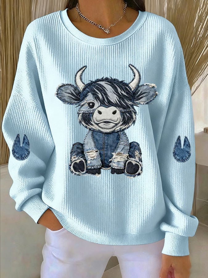 Women's Highland Denim Print Crew Neck Long Sleeve Top