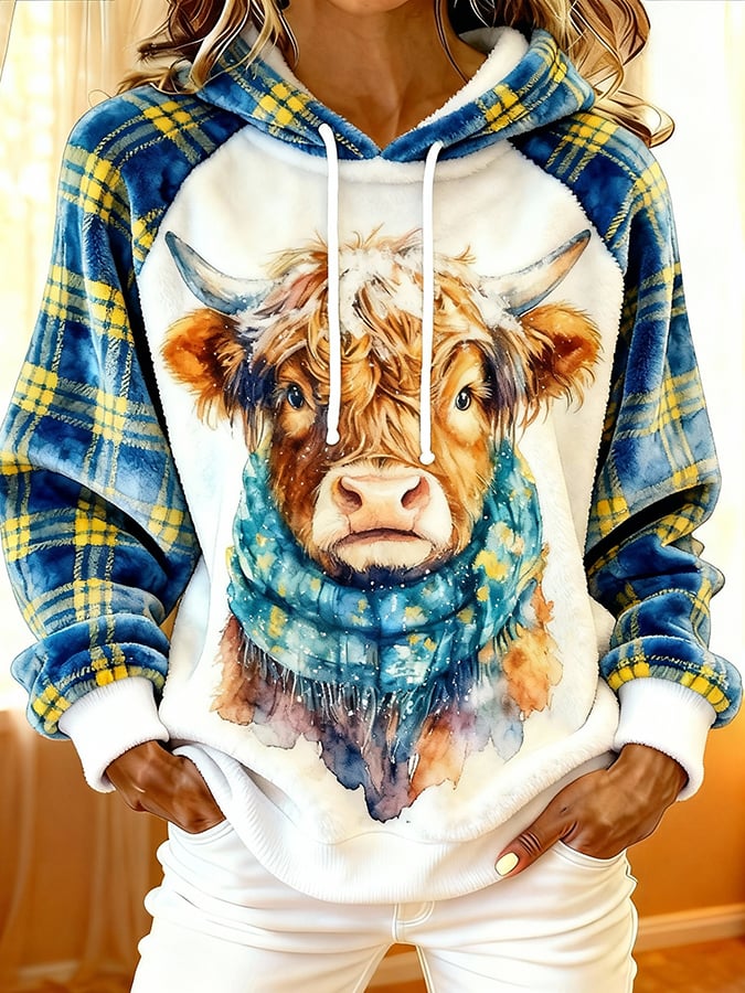 Women'S Highland Denim Print Flannel Raglan Sleeve Hooded Top